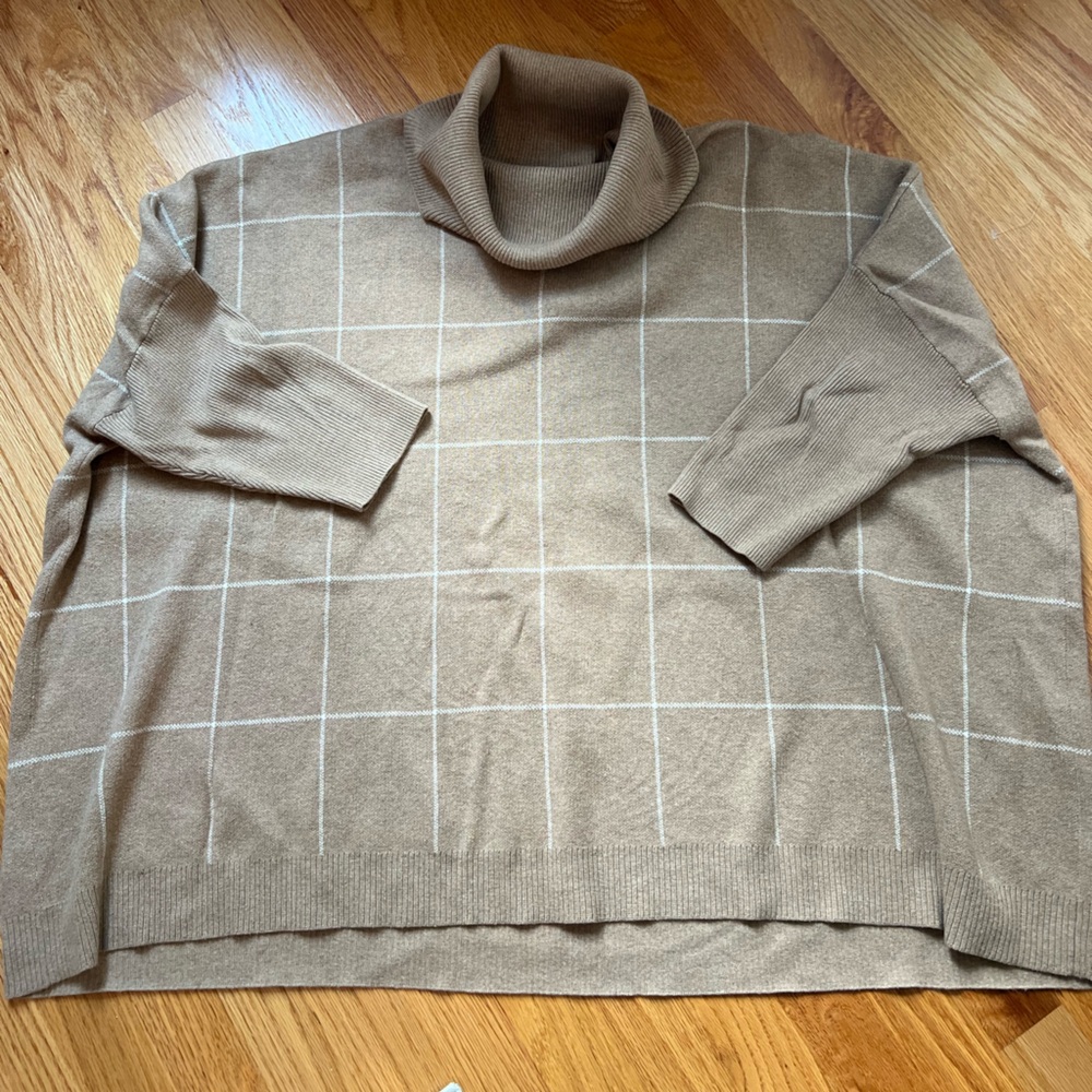 LOFT Tan Ivory Turtleneck Sweater with Grid Pattern